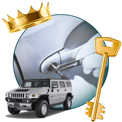 Round Image Of A Locksmith Unlocking A Car, Encircled By A Hummer Vehicle, Gold Crown, And Master Key.