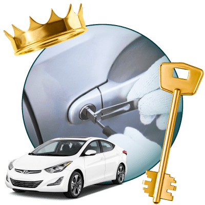 Round Image Of A Locksmith Unlocking A Car, Encircled By A Hyundai Vehicle, Gold Crown, And Master Key.