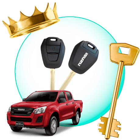 A Circle With Isuzu Car Keys, Surrounded By An Isuzu Vehicle, A Gold Crown, And A Master Key.
