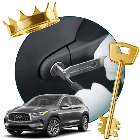 Round Image Of A Locksmith Unlocking A Car, Encircled By An Infiniti Vehicle, Gold Crown, And Master Key.
