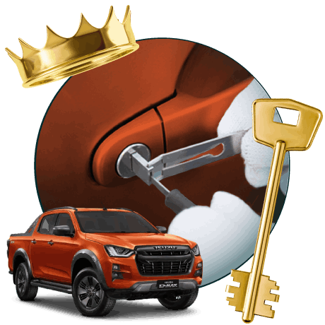 Round Image Of A Locksmith Unlocking A Car, Encircled By An Isuzu Vehicle, Gold Crown, And Master Key.