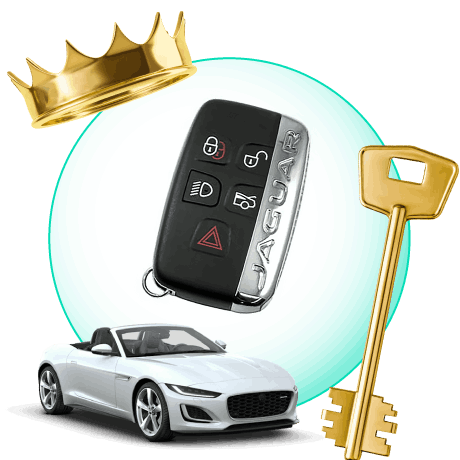 A Circle With Jaguar Car Keys, Surrounded By A Jaguar Vehicle, A Gold Crown, And A Master Key.