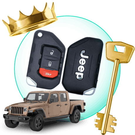 A Circle With Jeep Car Keys, Surrounded By A Jeep Vehicle, A Gold Crown, And A Master Key.