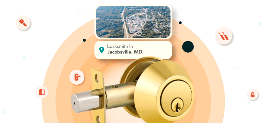 A Framed Picture Of Jacobsville City In Anne Arundel County Is Displayed Above A Golden, Double-Cylinder Deadbolt Lock.