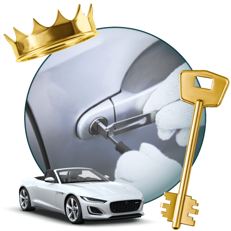 Round Image Of A Locksmith Unlocking A Car, Encircled By A Jaguar Vehicle, Gold Crown, And Master Key.
