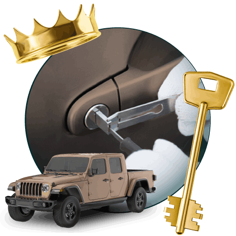 Round Image Of A Locksmith Unlocking A Car, Encircled By A Jeep Vehicle, Gold Crown, And Master Key.