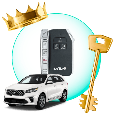 A Circle With Kia Car Keys, Surrounded By A Kia Vehicle, A Gold Crown, And A Master Key.