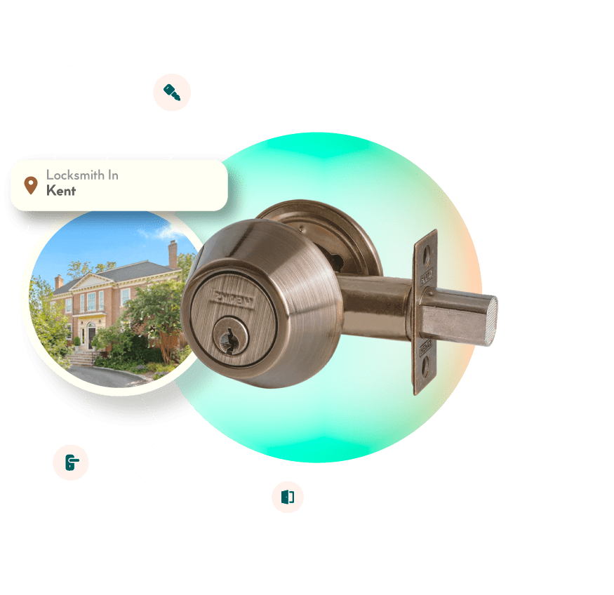 A Chrome Deadbolt With A Picture Of The Kent Neighborhood In Washington, DC, In The Background.