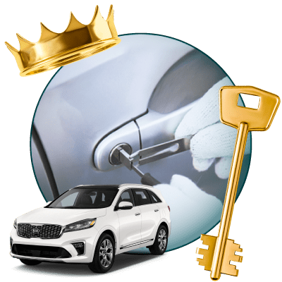 Round Image Of A Locksmith Unlocking A Car, Encircled By A Kia Vehicle, Gold Crown, And Master Key.