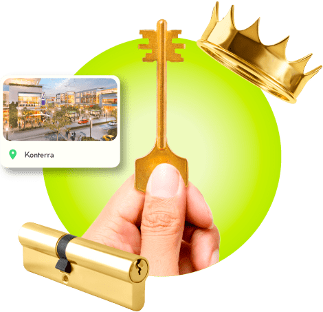 A Locksmith's Hand Holding A Gold Master Key Near A Gold Crown, A Golden Cylinder Lock, And An Image Of Konterra In Prince George's County.
