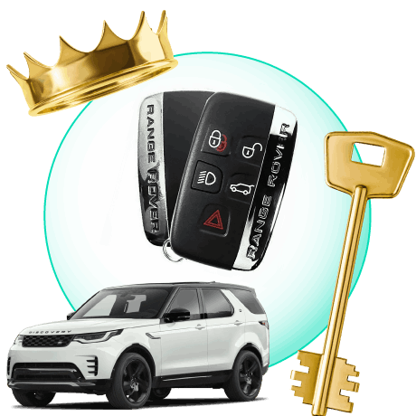 A Circle With Land Rover Car Keys, Surrounded By A Land Rover Vehicle, A Gold Crown, And A Master Key.