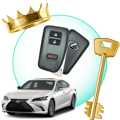 A Circle With Lexus Car Keys, Surrounded By A Lexus Vehicle, A Gold Crown, And A Master Key.