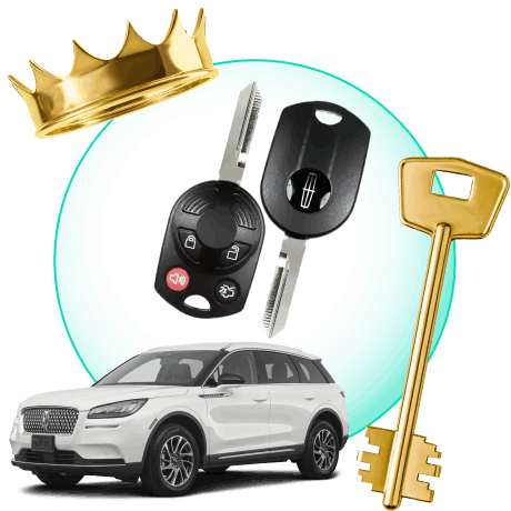 A Circle With Lincoln Car Keys, Surrounded By A Lincoln Vehicle, A Gold Crown, And A Master Key.