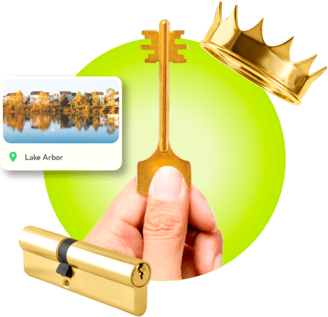 A Locksmith's Hand Holding A Gold Master Key Near A Gold Crown, A Golden Cylinder Lock, And An Image Of Lake Arbor In Prince George's County.