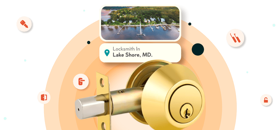 A Framed Picture Of Lake Shore City In Anne Arundel County Is Displayed Above A Golden, Double-Cylinder Deadbolt Lock.
