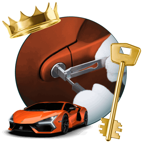 Round Image Of A Locksmith Unlocking A Car, Encircled By A Lamborghini Vehicle, Gold Crown, And Master Key.