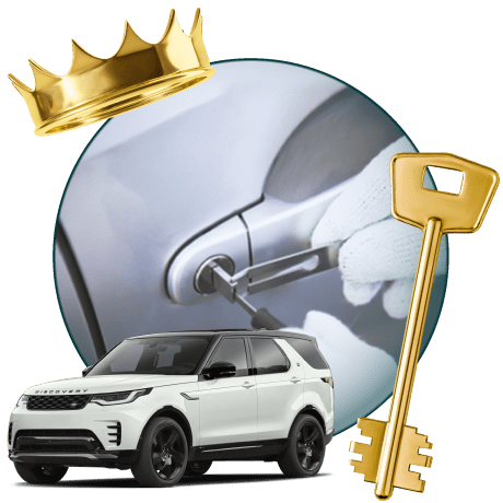Round Image Of A Locksmith Unlocking A Car, Encircled By A Land Rover Vehicle, Gold Crown, And Master Key.