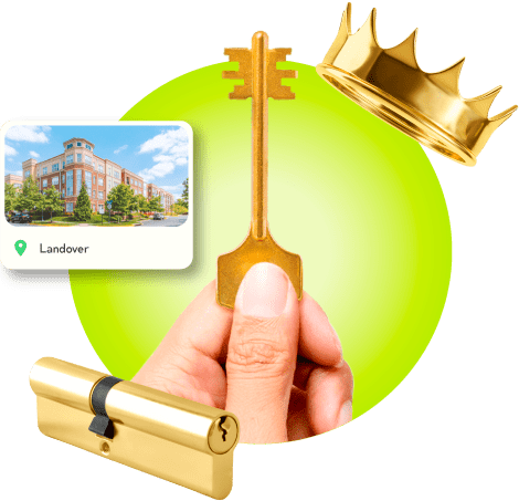 A Locksmith's Hand Holding A Gold Master Key Near A Gold Crown, A Golden Cylinder Lock, And An Image Of Landover In Prince George's County.