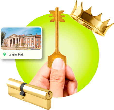 A Locksmith's Hand Holding A Gold Master Key Near A Gold Crown, A Golden Cylinder Lock, And An Image Of Langley Park In Prince George's County.