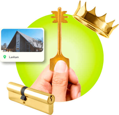 A Locksmith's Hand Holding A Gold Master Key Near A Gold Crown, A Golden Cylinder Lock, And An Image Of Lanham In Prince George's County.