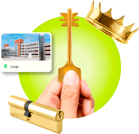 A Locksmith's Hand Holding A Gold Master Key Near A Gold Crown, A Golden Cylinder Lock, And An Image Of Largo In Prince George's County.