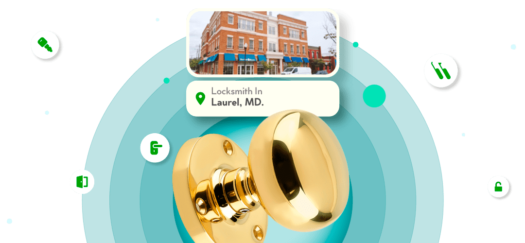A Framed View Of Laurel City In Howard County Is Displayed Above A Bright Brass Entry Door Knob.