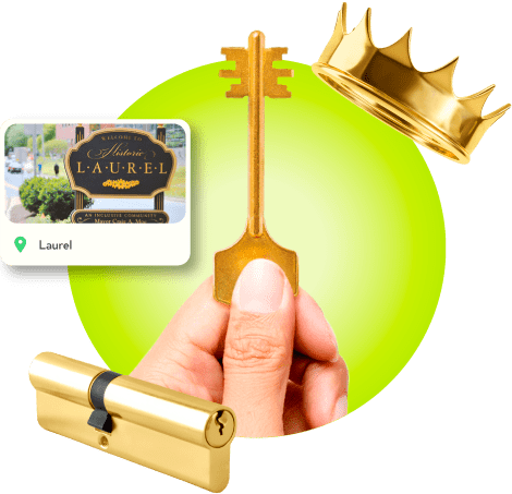 A Locksmith's Hand Holding A Gold Master Key Near A Gold Crown, A Golden Cylinder Lock, And An Image Of Laurel In Prince George's County.