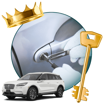Round Image Of A Locksmith Unlocking A Car, Encircled By A Lincoln Vehicle, Gold Crown, And Master Key.