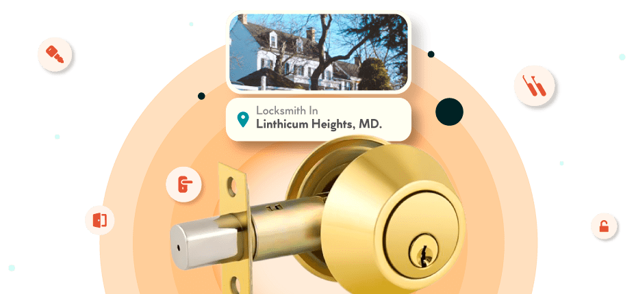 A Framed Picture Of Linthicum Heights City In Anne Arundel County Is Displayed Above A Golden, Double-Cylinder Deadbolt Lock.