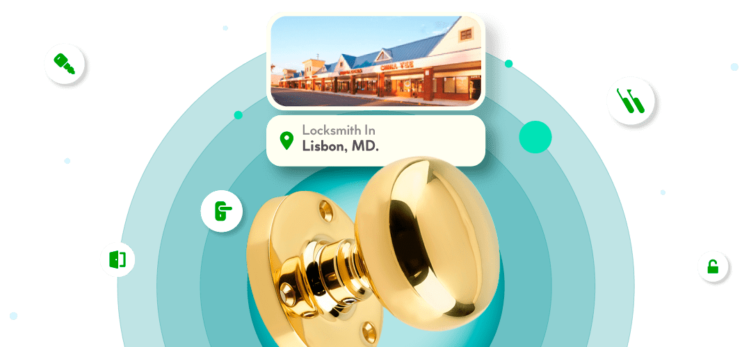A Framed View Of Lisbon City In Howard County Is Displayed Above A Bright Brass Entry Door Knob.