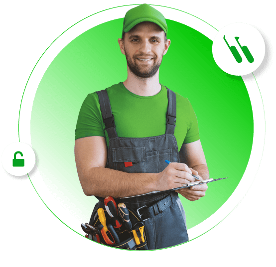 A Locksmith Technician In Overalls And A Green Shirt Is Holding A Clipboard.