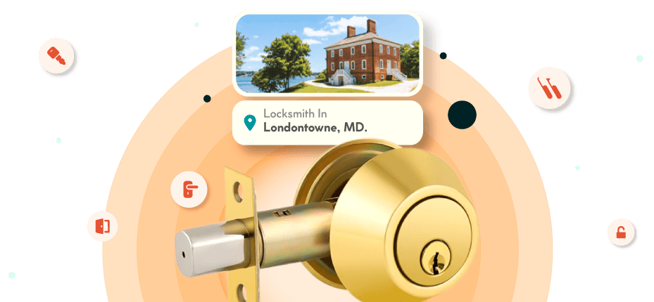 A Framed Picture Of Londontowne City In Anne Arundel County Is Displayed Above A Golden, Double-Cylinder Deadbolt Lock.