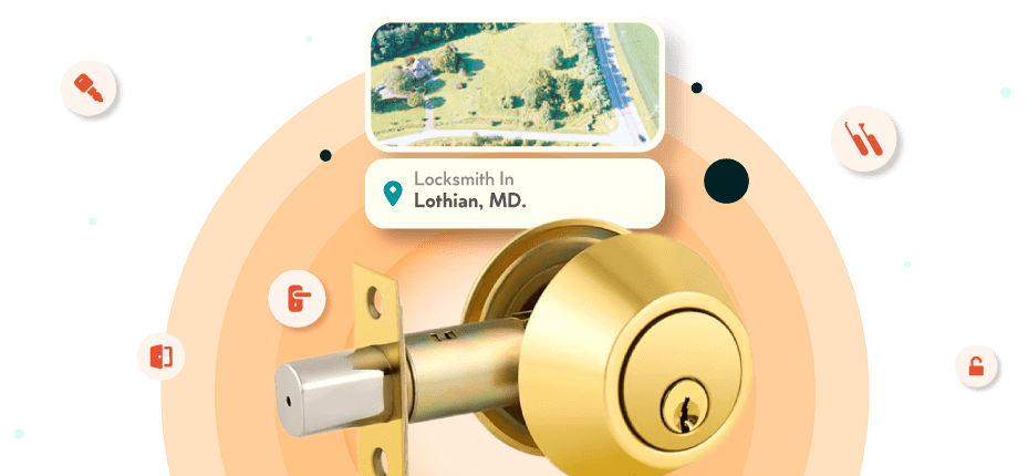 A Framed Picture Of Lothian City In Anne Arundel County Is Displayed Above A Golden, Double-Cylinder Deadbolt Lock.