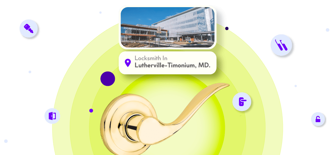 A Framed Image Of Lutherville-Timonium City In Baltimore County Is Displayed Above A Shining Gold-Colored Door Lever Handle Lock.