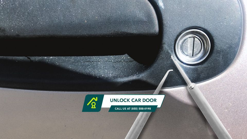 Two Lock Picks For Car Unlocking Are Placed Next To The Locked Car Handle.