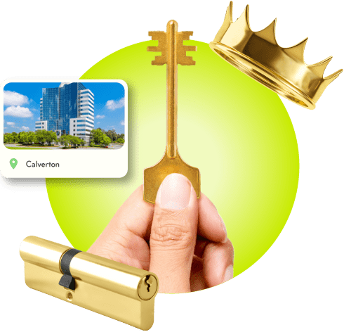 A Locksmith's Hand Holding A Gold Master Key Near A Gold Crown, A Golden Cylinder Lock, And An Image Of Calverton In Prince George's County.