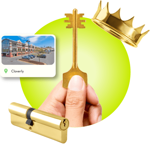 A Locksmith's Hand Holding A Gold Master Key Beside A Crown, A Cylinder Lock, And A Image Of Cloverly City.