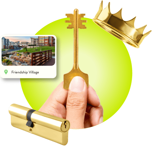 A Locksmith's Hand Holding A Gold Master Key Beside A Crown, A Cylinder Lock, And A Image Of Friendship Village City.