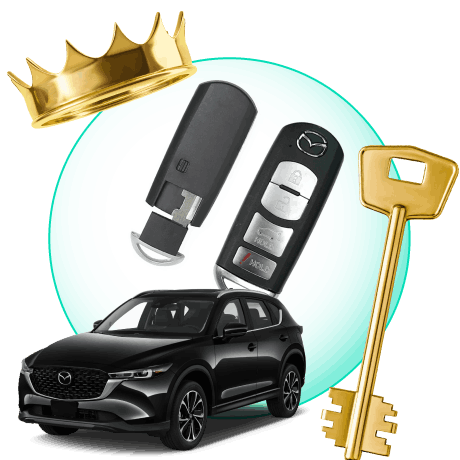 A Circle With Mazda Car Keys, Surrounded By A Mazda Vehicle, A Gold Crown, And A Master Key.