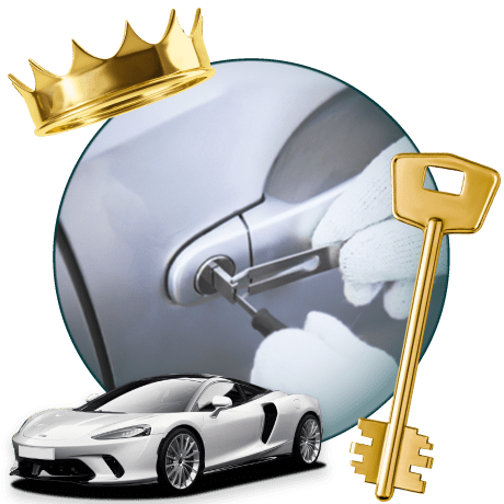 Round Image Of A Locksmith Unlocking A Car, Encircled By A McLaren Vehicle, Gold Crown, And Master Key.