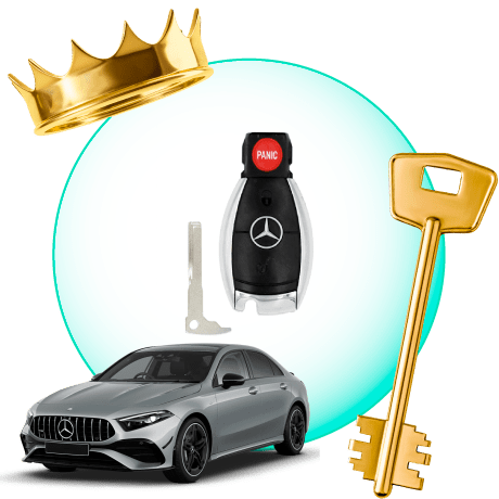 A Circle With Mercedes-Benz Car Keys, Surrounded By A Mercedes-Benz Vehicle, A Gold Crown, And A Master Key.