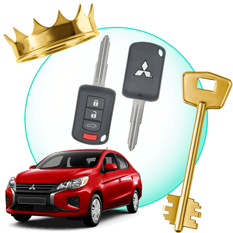 A Circle With Mitsubishi Car Keys, Surrounded By A Mitsubishi Vehicle, A Gold Crown, And A Master Key.