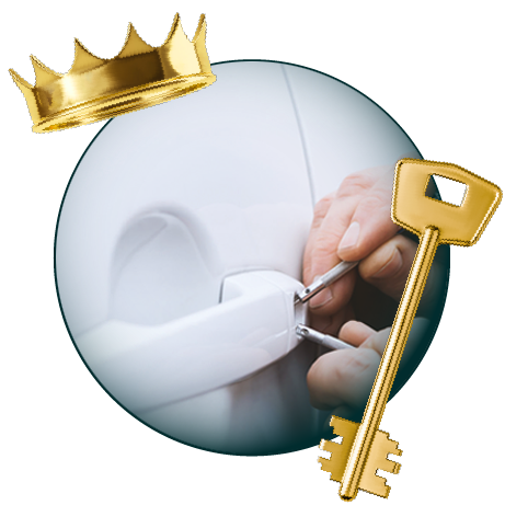 Round Image Of A Locksmith Unlocking A Car, Encircled By A Vehicle, Gold Crown, And Master Key.