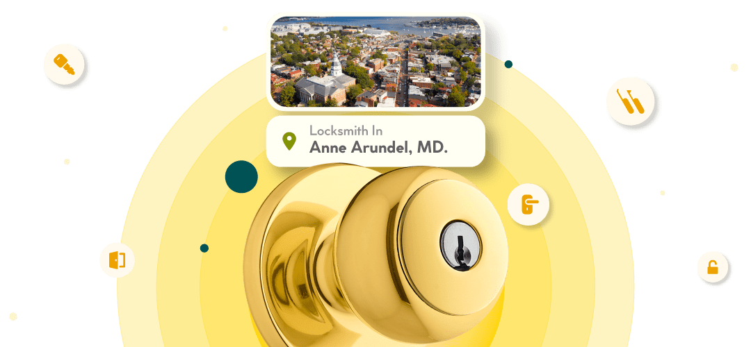 A View Of Anne Arundel County Is Framed Above A Shining Color-Golden Cylindrical Doorknob.