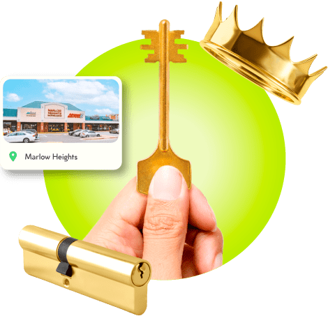 A Locksmith's Hand Holding A Gold Master Key Near A Gold Crown, A Golden Cylinder Lock, And An Image Of Marlow Heights In Prince George's County.