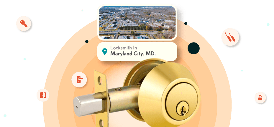 A Framed Picture Of Maryland City City In Anne Arundel County Is Displayed Above A Golden, Double-Cylinder Deadbolt Lock.