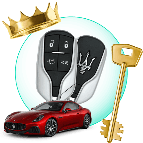 A Circle With Maserati Car Keys, Surrounded By A Maserati Vehicle, A Gold Crown, And A Master Key.
