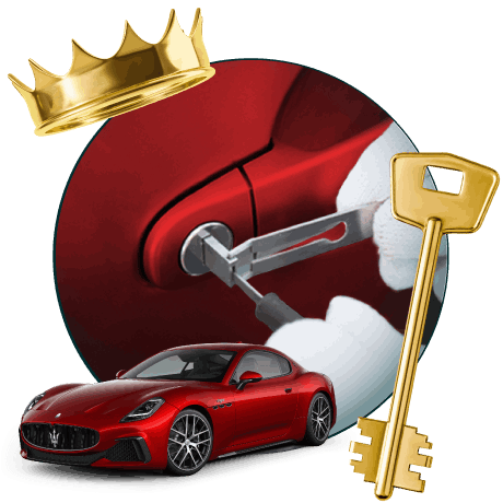 Round Image Of A Locksmith Unlocking A Car, Encircled By A Maserati Vehicle, Gold Crown, And Master Key.