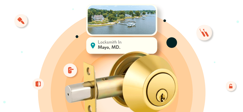 A Framed Picture Of Mayo City In Anne Arundel County Is Displayed Above A Golden, Double-Cylinder Deadbolt Lock.
