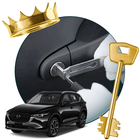 Round Image Of A Locksmith Unlocking A Car, Encircled By A Mazda Vehicle, Gold Crown, And Master Key.